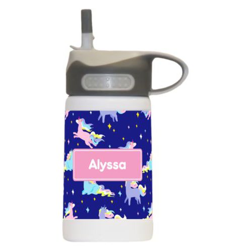 Kids water bottle personalized with animals unicorn pattern and name in pink