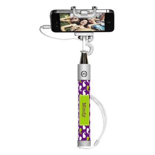 Personalized selfie stick personalized with whales pattern and name in orchid and juicy green