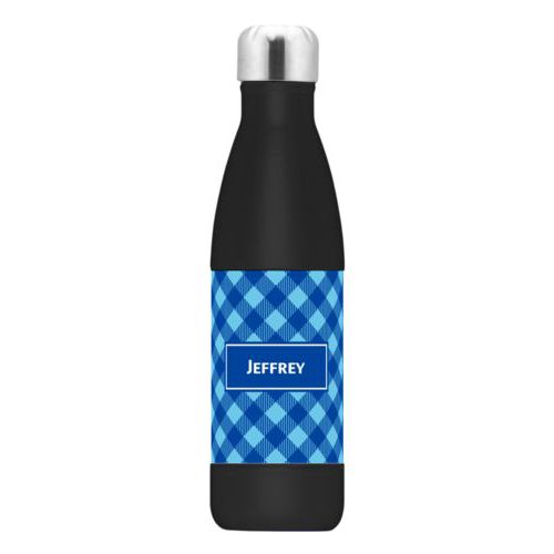 Custom steel water bottle personalized with check pattern and name in ultramarine