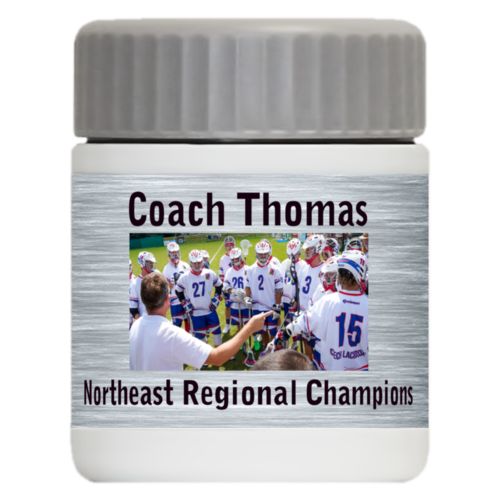 Personalized 12oz food jar personalized with steel industrial pattern and photo and the sayings "Coach Thomas" and "Northeast Regional Champions"