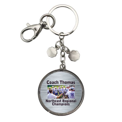 Personalized metal keychain personalized with steel industrial pattern and photo and the sayings "Coach Thomas" and "Northeast Regional Champions"