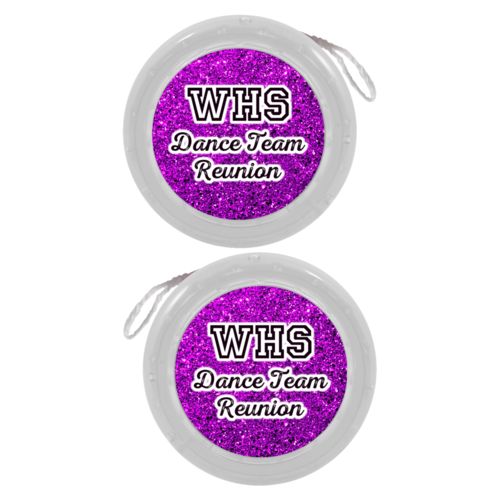 Personalized yoyo personalized with fuchsia glitter pattern and the saying "WHS Dance Team Reunion"