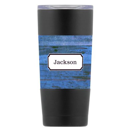 Personalized insulated steel mug personalized with sky rustic pattern and name in black licorice