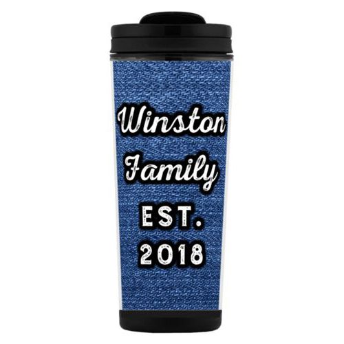 Custom tall coffee mug personalized with denim industrial pattern and the saying "Winston Family Est. 2018"