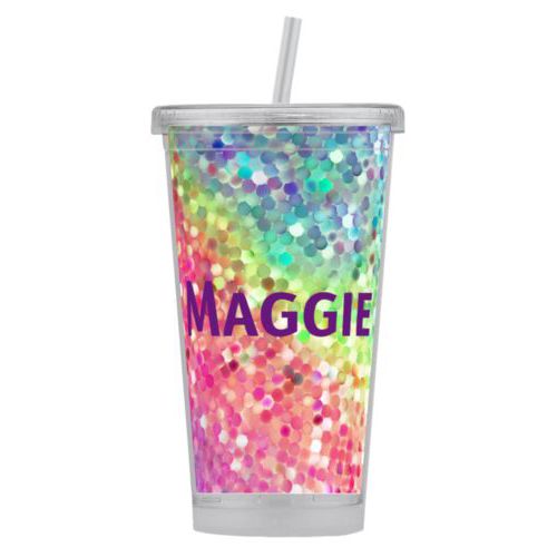 Personalized tumbler personalized with glitter pattern and the saying "Maggie"