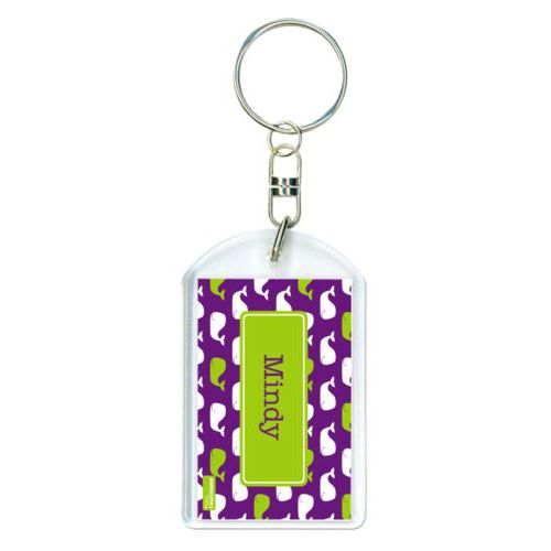 Personalized plastic keychain personalized with whales pattern and name in orchid and juicy green