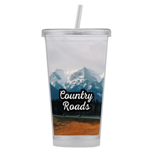 Personalized tumbler personalized with photo and the saying "Country Roads"