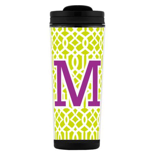 Custom tall coffee mug personalized with ironwork pattern and the saying "M"