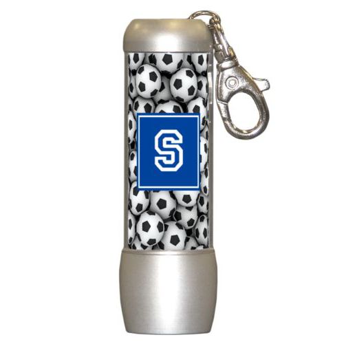 Personalized flashlight personalized with soccer balls pattern and initial in royal blue