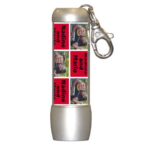 Personalized flashlight personalized with a photo and the saying "Nadine and Mario" in black and apple red