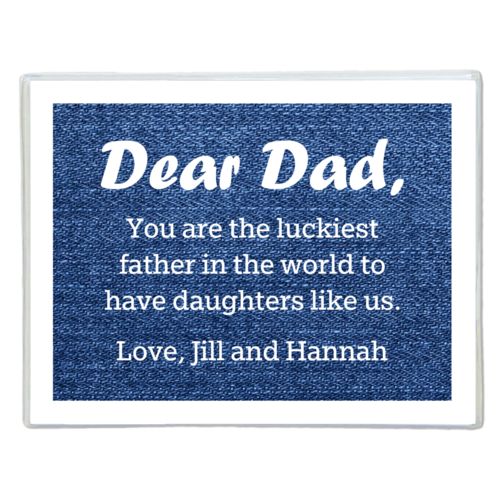 Personalized note cards personalized with denim industrial pattern and the saying "Dear Dad, You are the luckiest father in the world to have daughters like us. Love, Jill and Hannah"