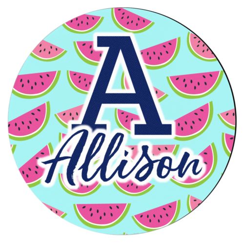 Personalized coaster personalized with fruit watermelon pattern and the sayings "A" and "Allison"