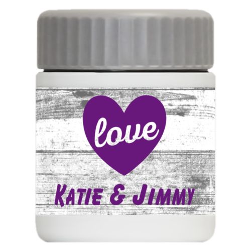 Personalized 12oz food jar personalized with white rustic pattern and the sayings "love" and "Katie & Jimmy"
