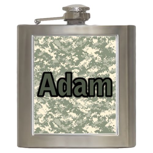 Personalized 6oz flask personalized with army camo pattern and the saying "Adam"