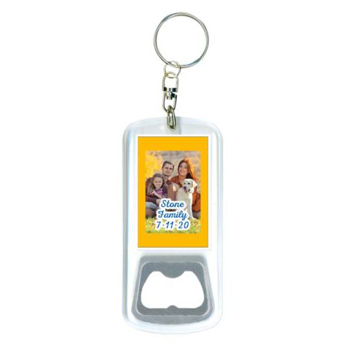 Personalized bottle opener personalized with photo and the saying "Stone Family 7-11-20"