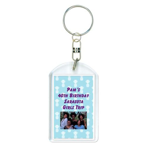 Personalized keychain personalized with welcome pattern and photo and the saying "Pam's 40th Birthday Sarasota Girls Trip"