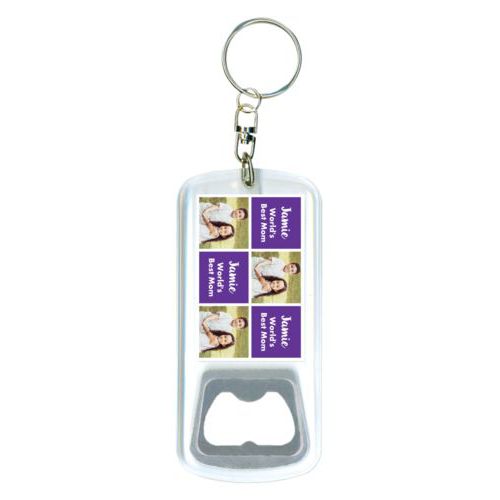 Personalized bottle opener personalized with a photo and the saying "Jamie World's Best Mom" in purple and white