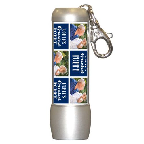 Personalized flashlight personalized with a photo and the saying "World's Greatest Poppy" in navy blue and white
