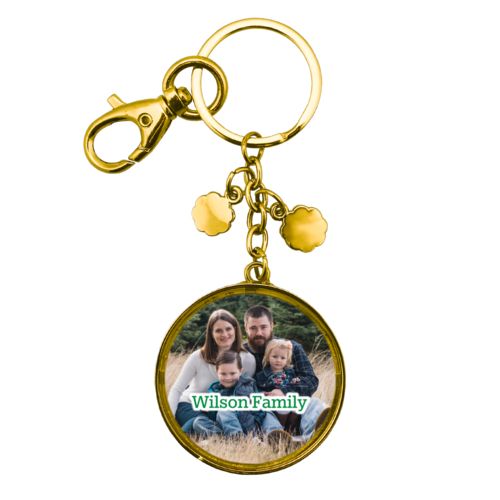 Personalized metal keychain personalized with photo and the saying "Wilson Family"