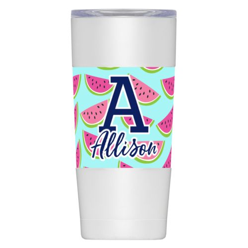Personalized insulated steel mug personalized with fruit watermelon pattern and the sayings "A" and "Allison"