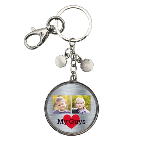 Personalized metal keychain personalized with steel industrial pattern and photo and the sayings "heart" and "My Guys"