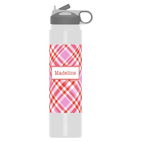 Custom bottle personalized with tartan pattern and name in red punch and thistle