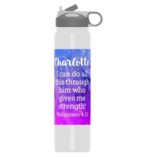 Custom stainless steel water bottle personalized with ombre amethyst pattern and the saying "Charlotte I can do all this through him who gives me strength. Philippians 4:13"