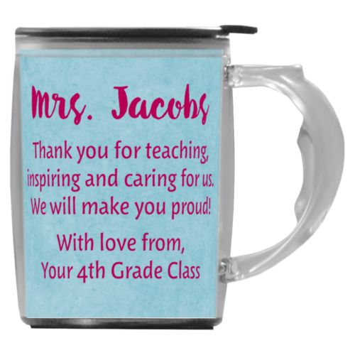 Custom mug with handle personalized with teal chalk pattern and the saying "Mrs. Jacobs Thank you for teaching, inspiring and caring for us. We will make you proud! With love from, Your 4th Grade Class"