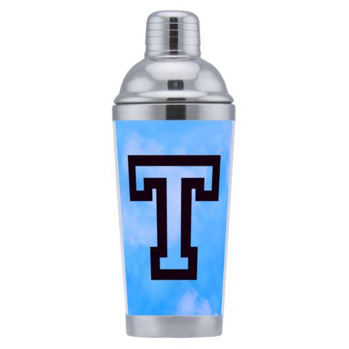 Coctail shaker personalized with light blue cloud pattern and the saying "T"