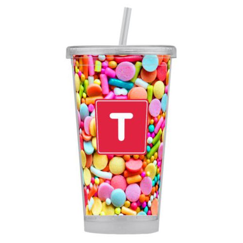 Personalized tumbler personalized with sweets sweet pattern and initial in red