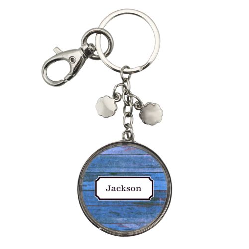 Personalized metal keychain personalized with sky rustic pattern and name in black licorice