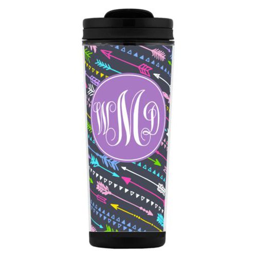 Custom tall coffee mug personalized with arrows pattern and monogram in purple powder