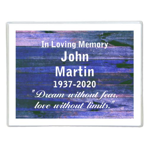Personalized note cards personalized with royal rustic pattern and the saying "In Loving Memory John Martin 1937-2020 "Dream without fear, love without limits.""
