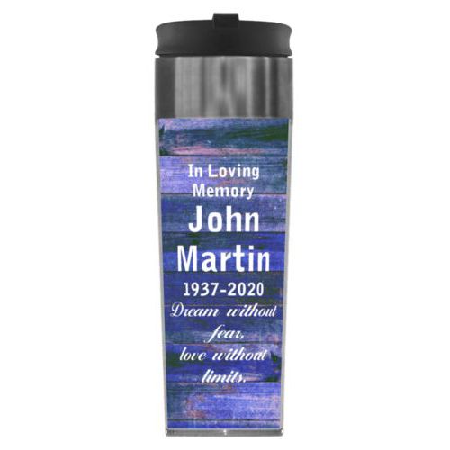 Personalized steel mug personalized with royal rustic pattern and the saying "In Loving Memory John Martin 1937-2020 Dream without fear, love without limits."