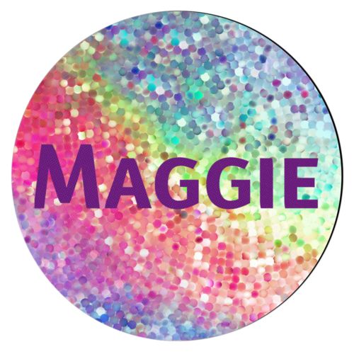 Personalized coaster personalized with glitter pattern and the saying "Maggie"