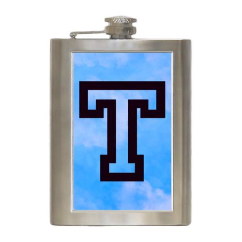 Personalized 8oz flask personalized with light blue cloud pattern and the saying "T"