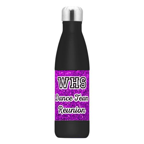 Personalized steel water bottle personalized with fuchsia glitter pattern and the saying "WHS Dance Team Reunion"