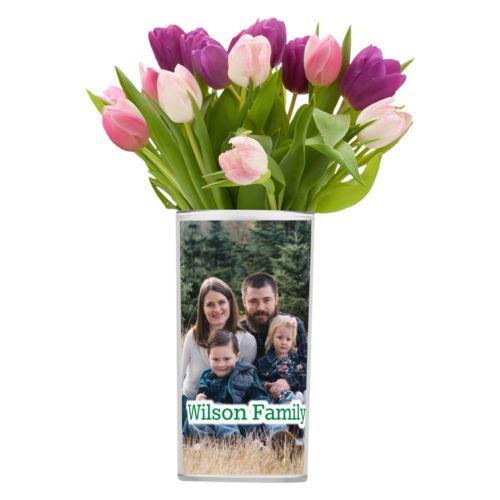 Personalized vase personalized with photo and the saying "Wilson Family"