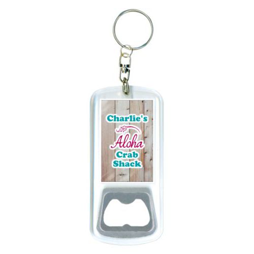 Personalized bottle opener personalized with light wood pattern and the sayings "Aloha" and "Charlie's Crab Shack"