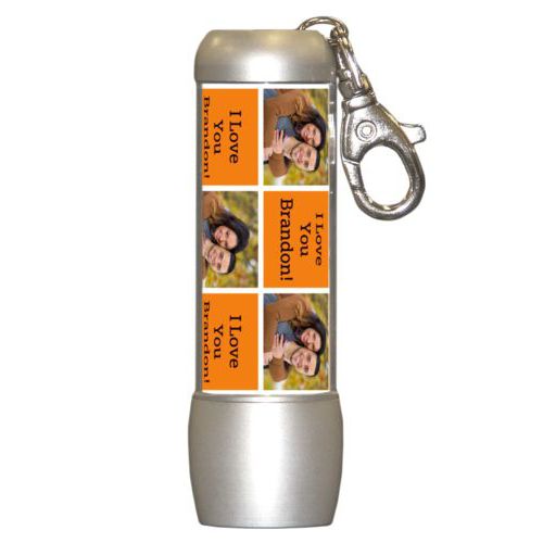 Personalized flashlight personalized with a photo and the saying "I Love You Brandon!" in black and juicy orange