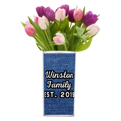 Personalized vase personalized with denim industrial pattern and the saying "Winston Family Est. 2019"