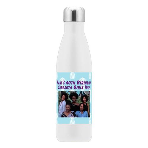 Personalized stainless steel water bottle personalized with welcome pattern and photo and the saying "Pam's 40th Birthday Sarasota Girls Trip"