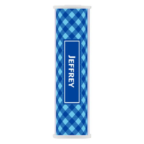 Personalized backup phone charger personalized with check pattern and name in ultramarine
