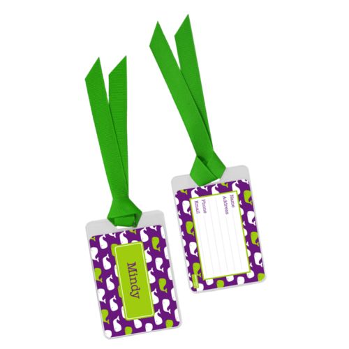 Personalized bag tag personalized with whales pattern and name in orchid and juicy green
