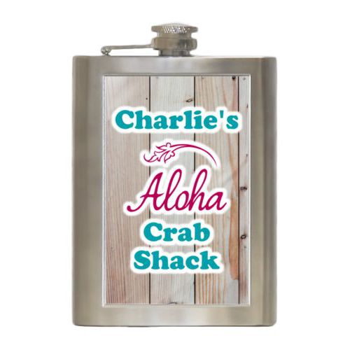 Personalized 8oz flask personalized with light wood pattern and the sayings "Aloha" and "Charlie's Crab Shack"