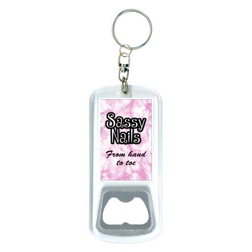 Personalized bottle opener personalized with pink marble pattern and the sayings "Sassy Nails" and "From hand to toe"