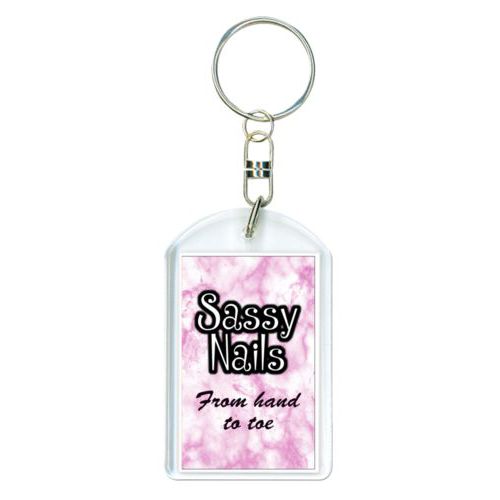 Personalized keychain personalized with pink marble pattern and the sayings "Sassy Nails" and "From hand to toe"