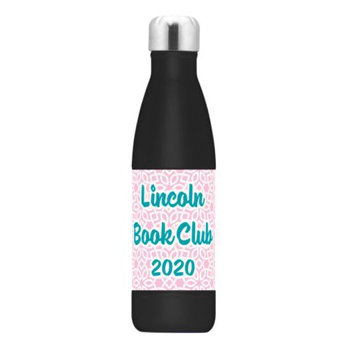 Personalized stainless steel water bottle personalized with lattice pattern and the saying "Lincoln Book Club 2020"