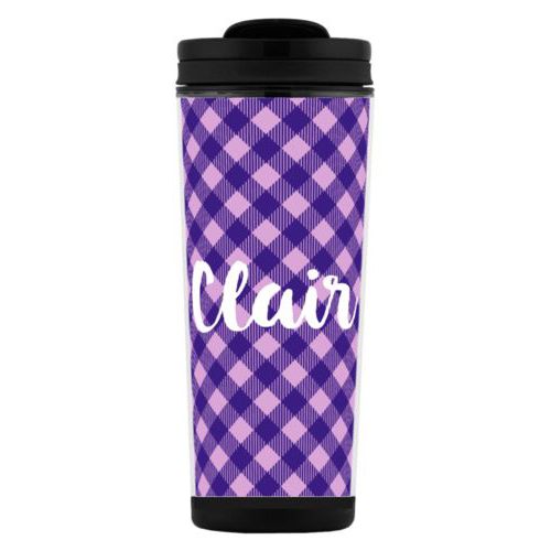 Custom tall coffee mug personalized with check pattern and the saying "Clair"