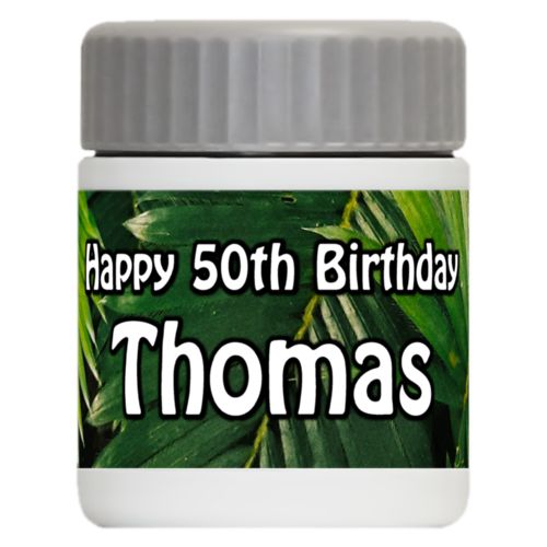 Personalized 12oz food jar personalized with plants fern pattern and the saying "Happy 50th Birthday Thomas"